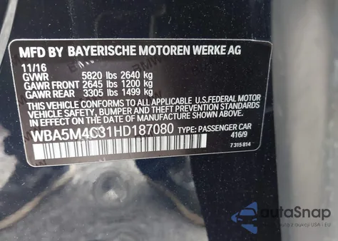 2017 BMW 535 Xigt из США, поврежденный, VIN WBA5M4C31HD187080